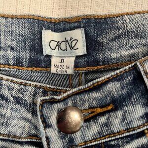 CACH'E Acid Wash Stretch Flare Blue Jeans with Gold Rhinestone Detailed Pockets